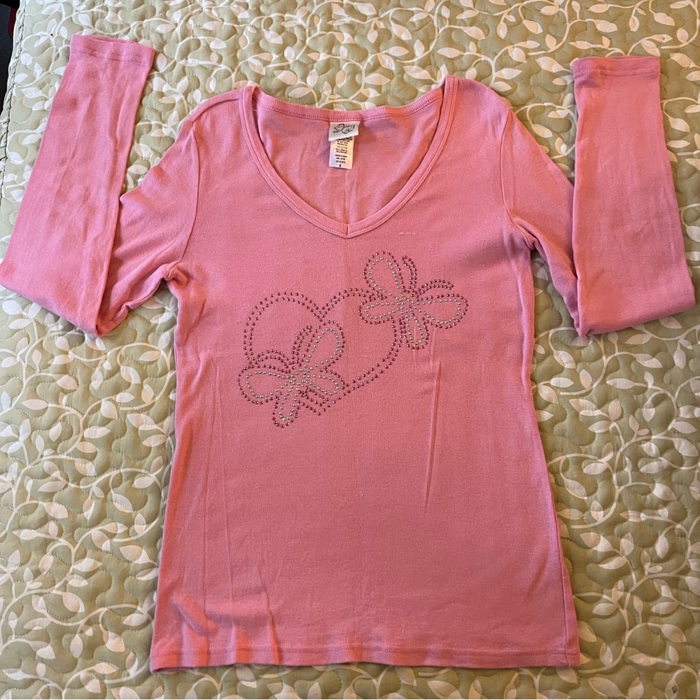 Fashion Bug long sleeve pink tee with bling butterfly heart graphic - size S